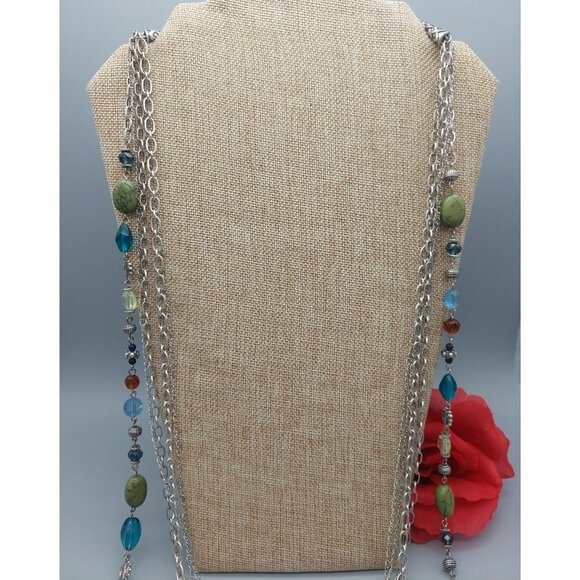 Premier Designs Silver Tone Necklace Multi Strand Chains Colorful Beads 36" - Picture 5 of 11